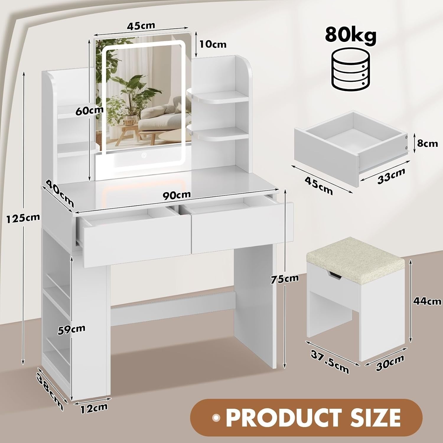 Modern Dressing Table Vanity Mirror LED Lights Makeup Desk Storage Chair White