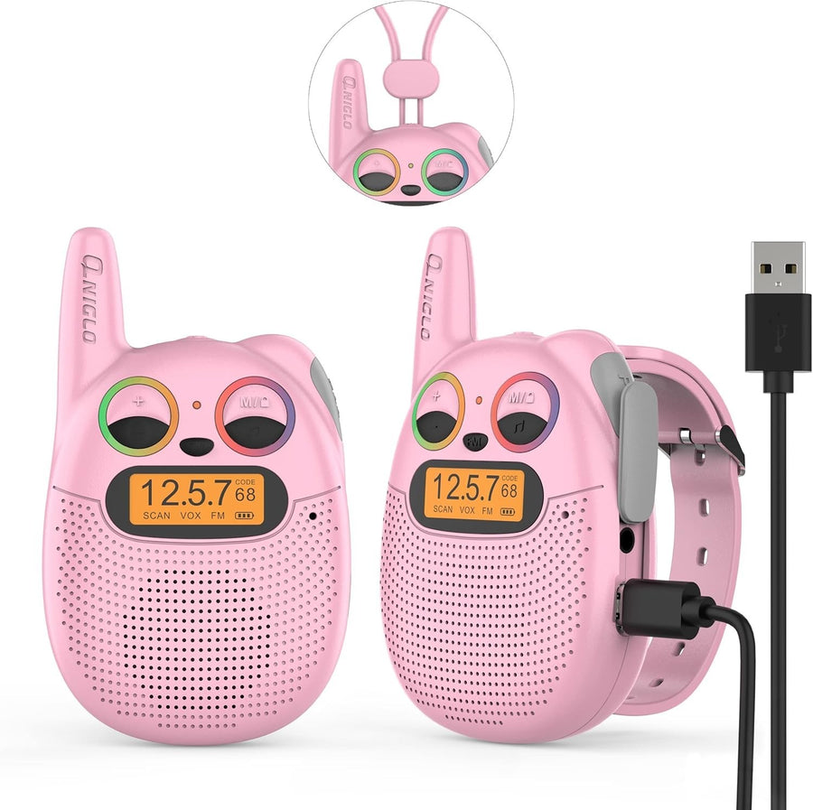 Kids Rechargeable Walkie Talkies Pink Watch Style FM Radio LED Lights