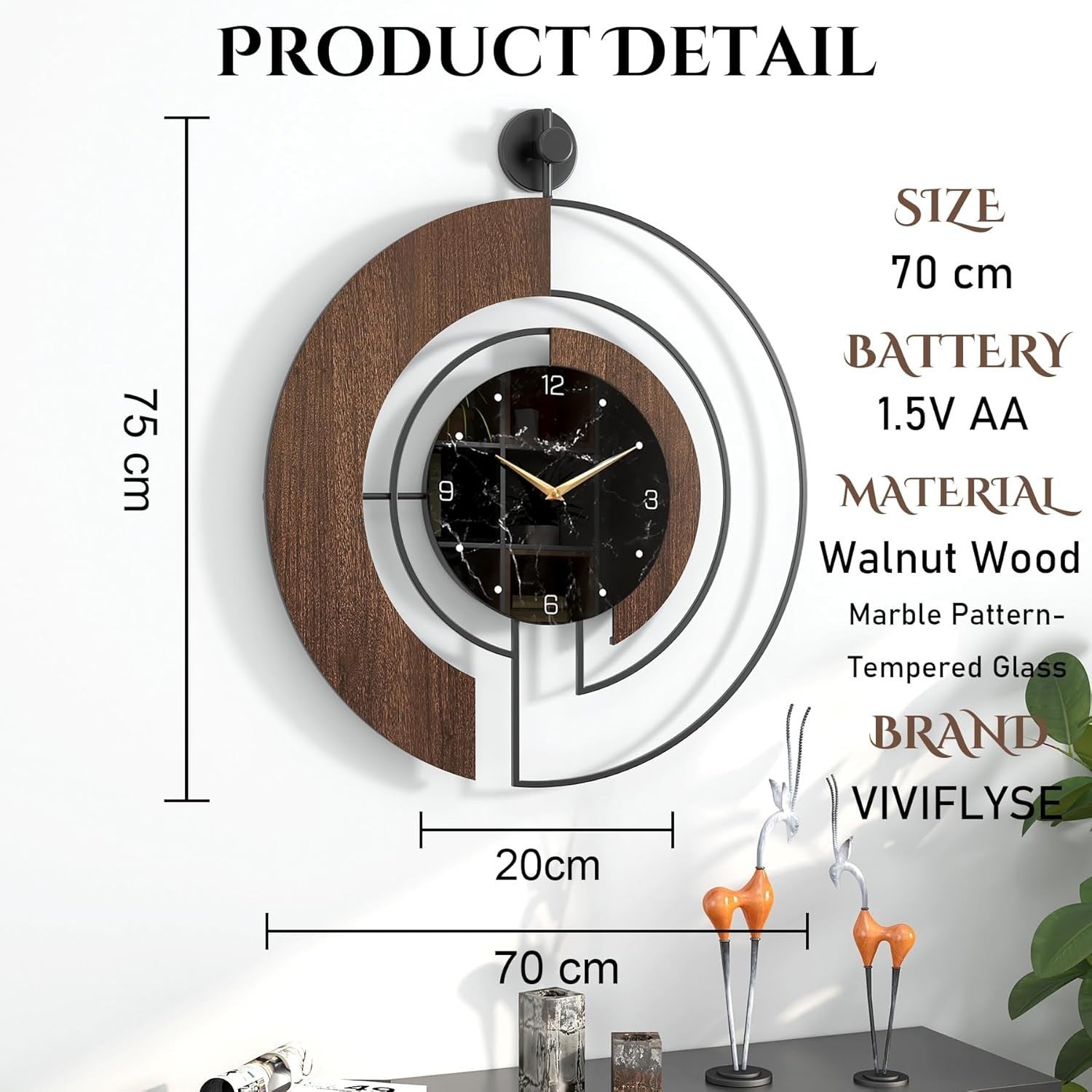 Silent Modern Walnut Wall Clock Marble Dial Large 70cm Round Home Decor
