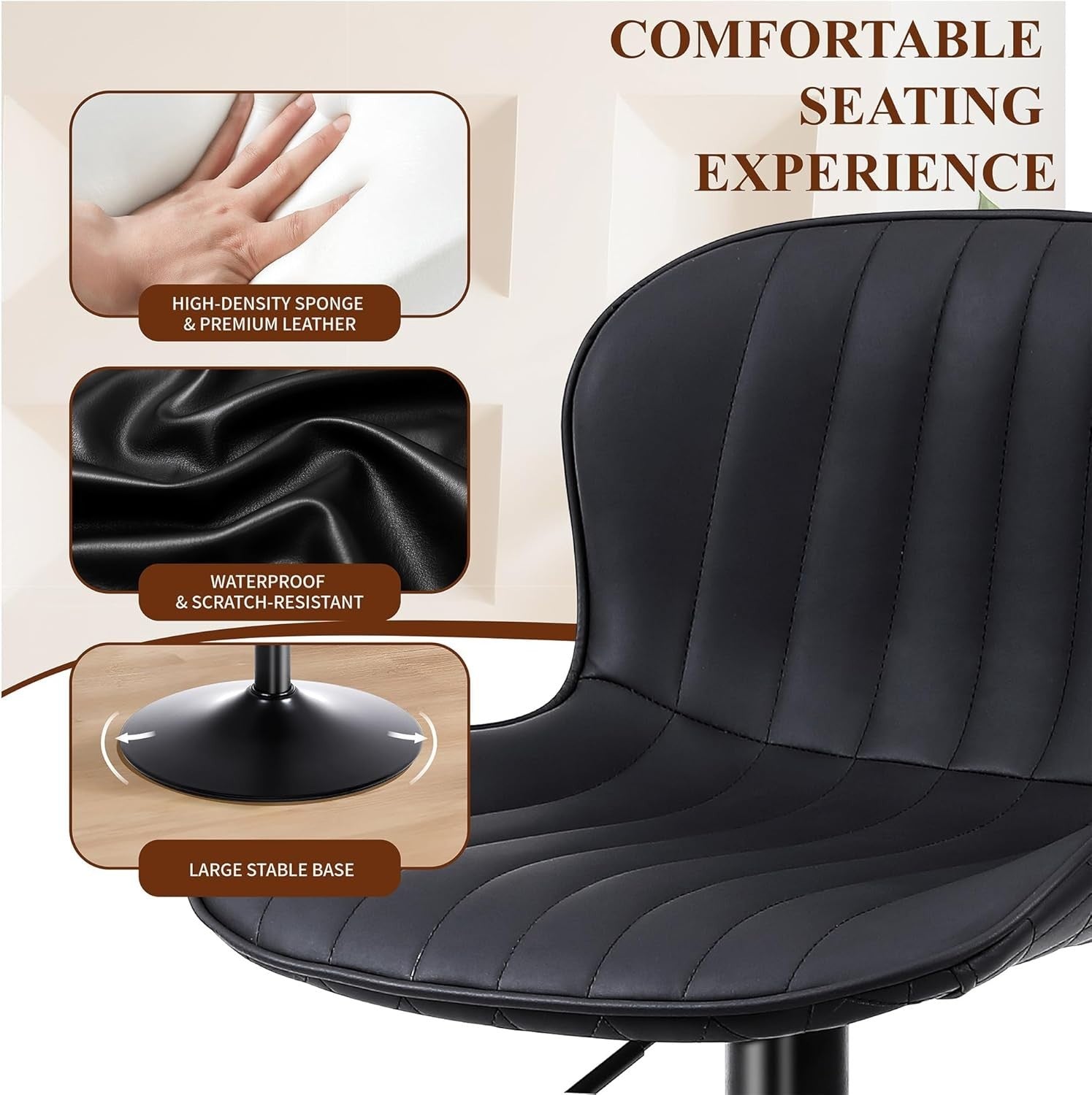 Black PU Leather Bar Stools Set of 2 Adjustable Kitchen Counter Chairs