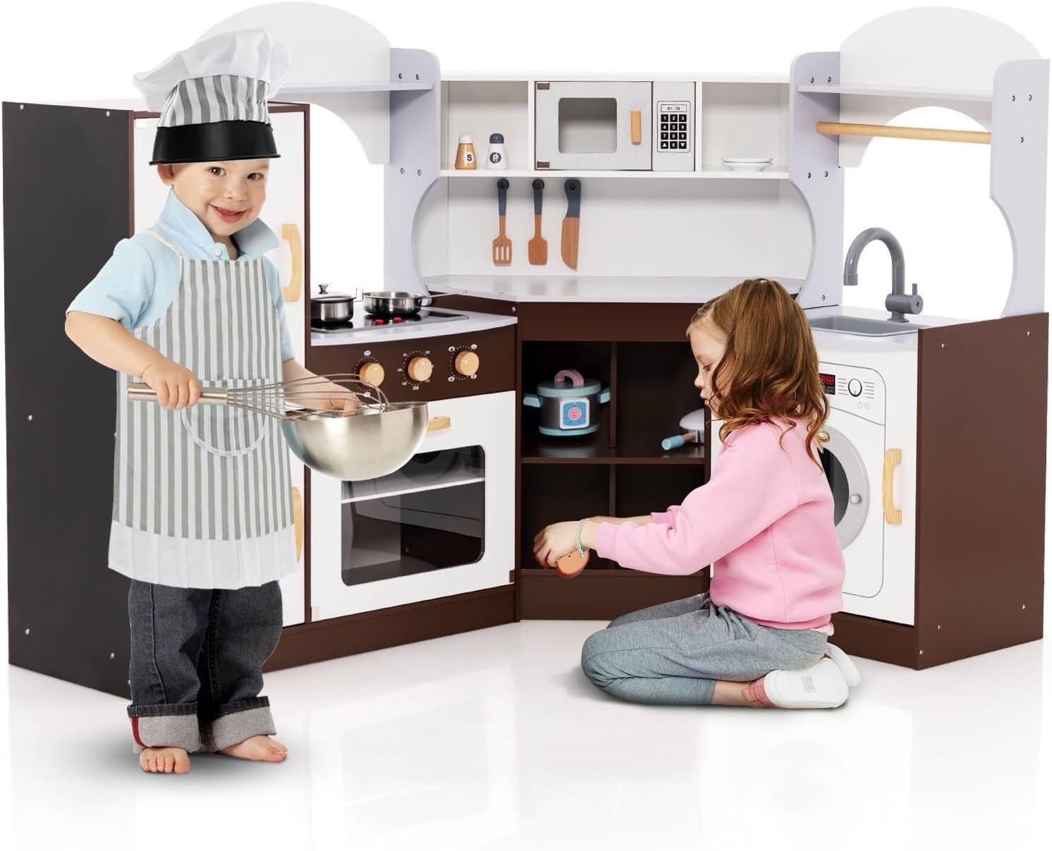 Kids Wooden Play Kitchen Light Sound Ice Dispenser Cooking Toy Brown