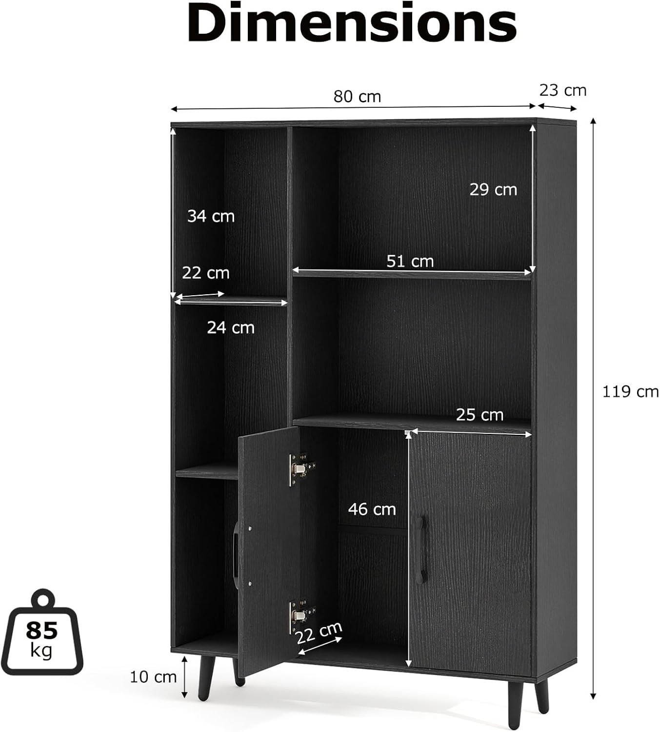 Modern Tall Storage Bookcase with Doors & Open Shelves – 80×23×119cm Black