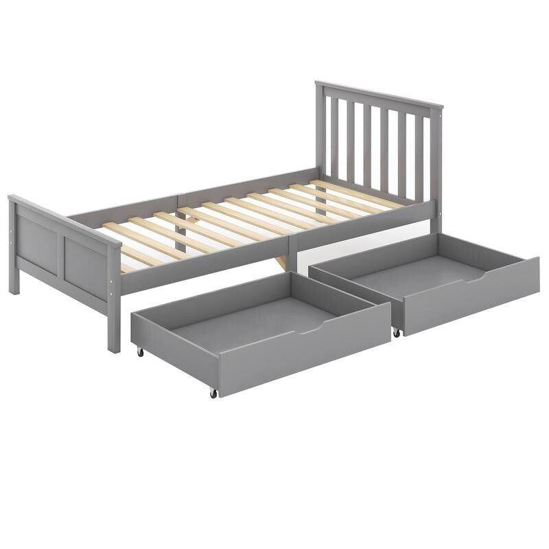 3FT Single Grey Wooden Bed Frame with Storage Drawers Kids Adults Solid Pine