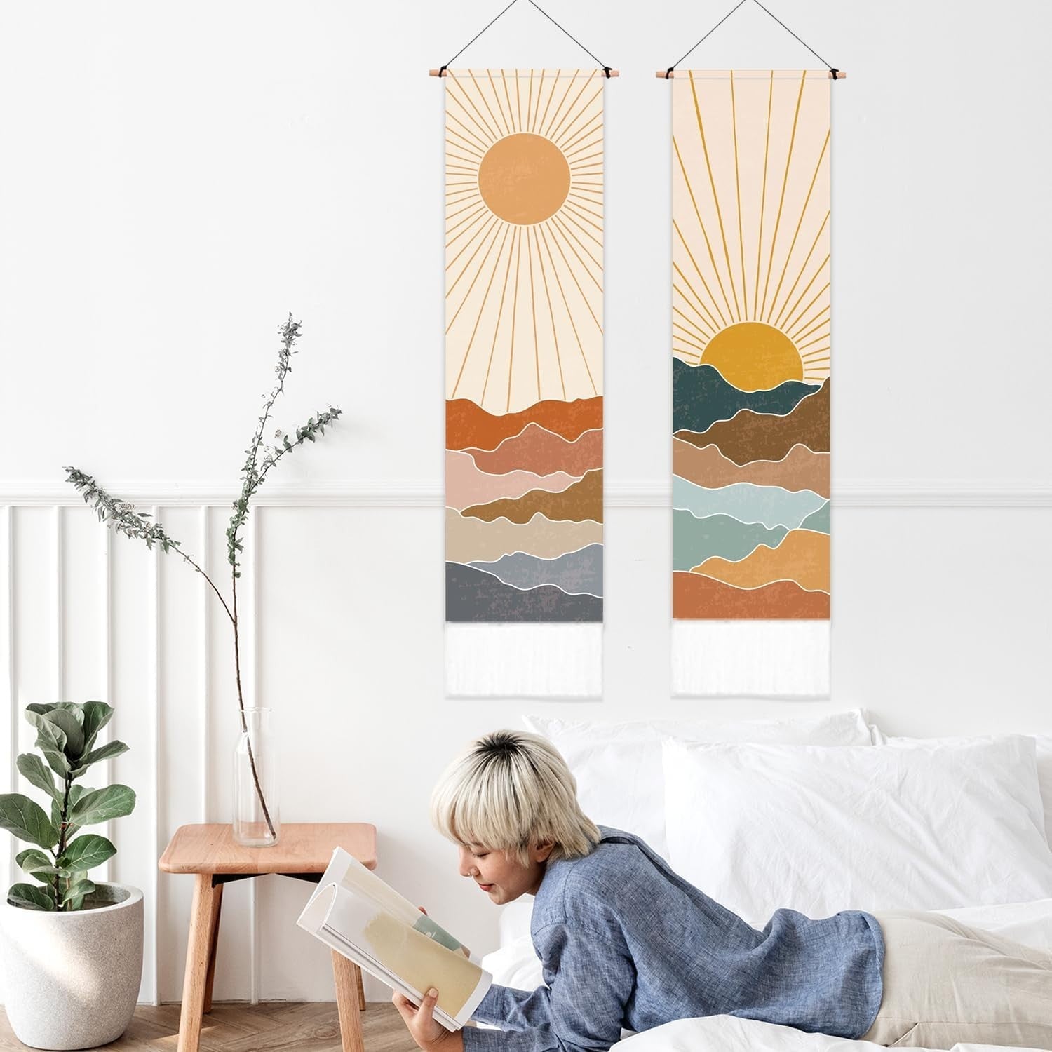 Boho Sunset Wall Tapestry Set Rainbow Sea Tassels 52x13