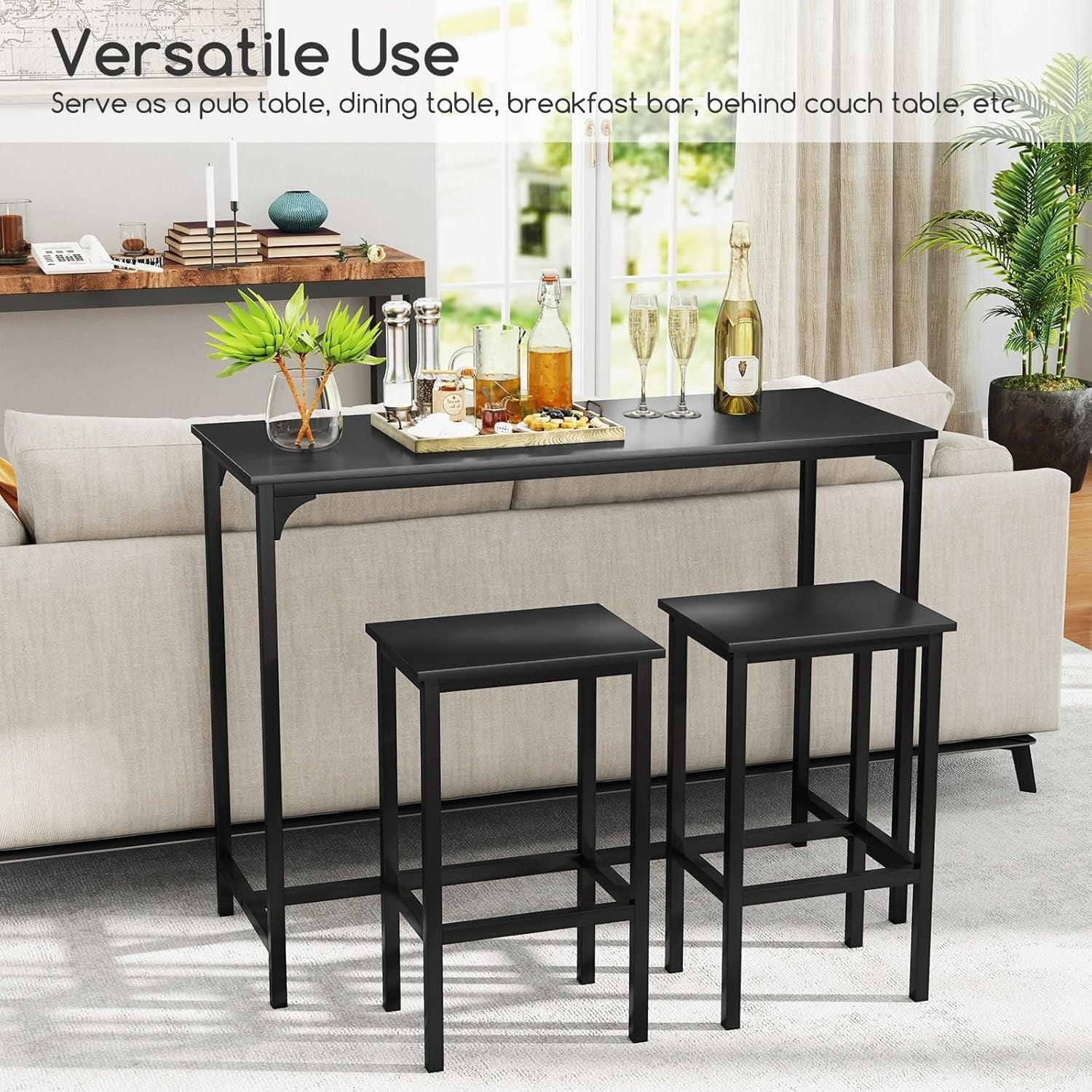 3 Piece Bar Table Set with 2 Stools Space Saving Counter Height Dining Black