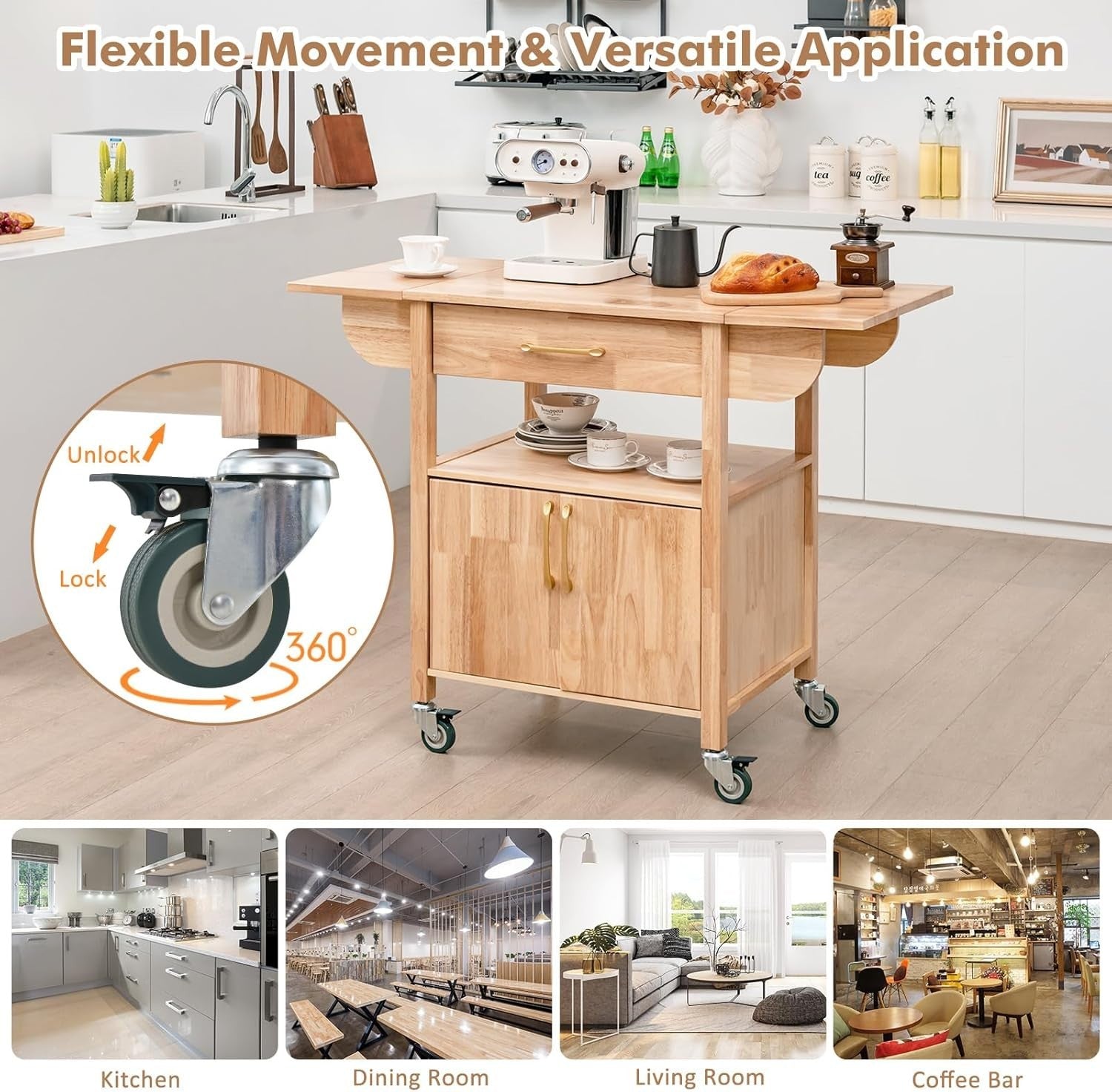 Kitchen Island Cart Drop Leaf Worktop Storage Trolley
