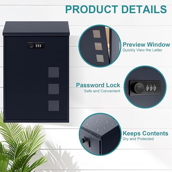 Wall Mounted Steel Mailbox Lockable Combination Weatherproof Post Box