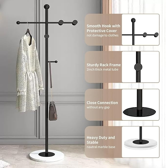 Modern T-Shaped Metal Coat Rack Marble Base Stand with 8 Hooks for Home Office