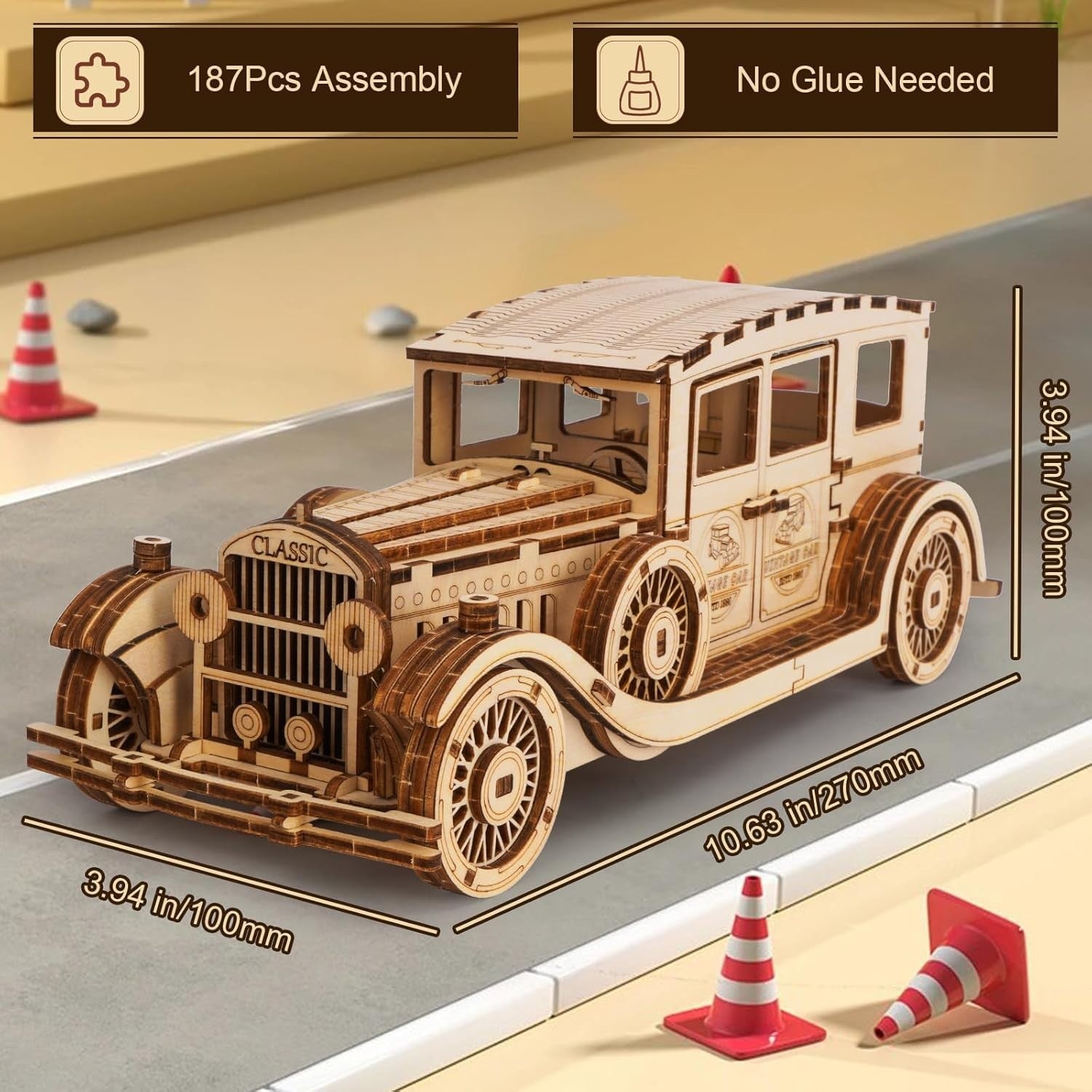 187pc Vintage Car 3D Wooden Puzzle DIY Mechanical Model Kit Build