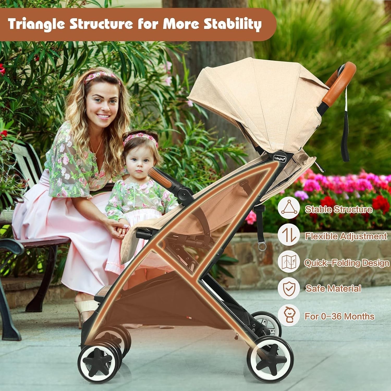 Beige Lightweight Baby Pushchair One Hand Fold Travel Buggy