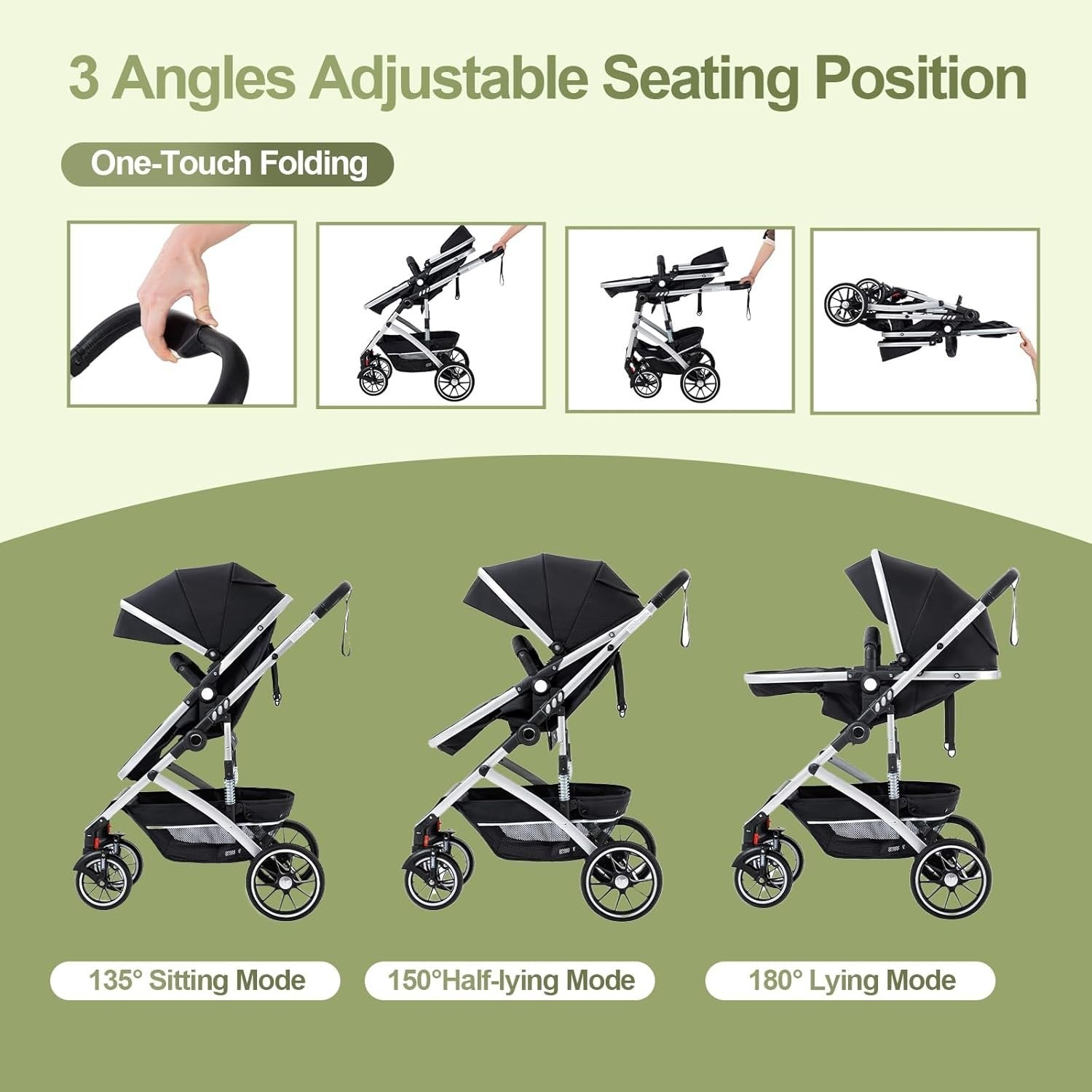 Pink 3 in 1 Baby Pram City Stroller Car Seat One Hand Fold