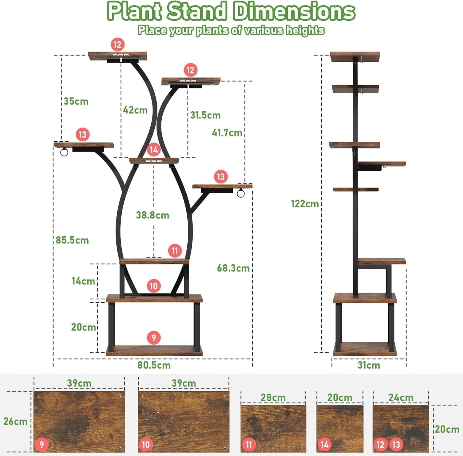 8-Tier Metal Plant Stand with Grow Lights, 122cm Indoor Flower Shelf Rack