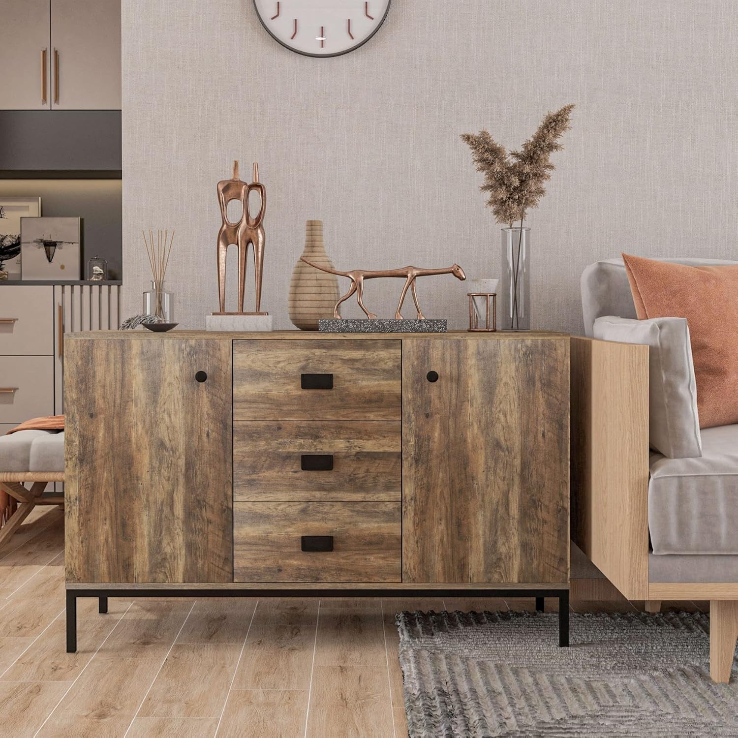 Industrial Sideboard Rustic Brown 3 Drawer 2 Door Cabinet Storage Unit