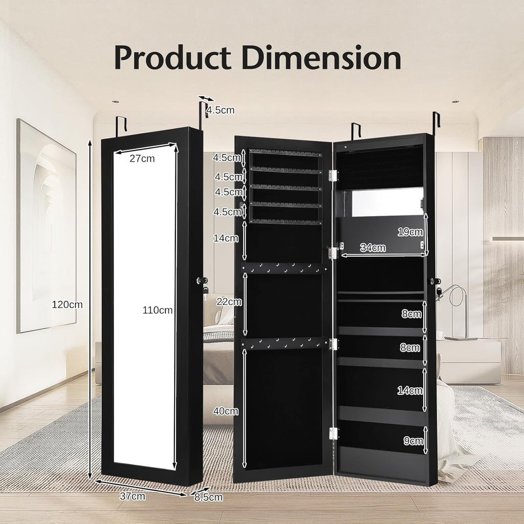 Black LED Wall Mounted Jewelry Cabinet Mirror Lockable Slim Organizer