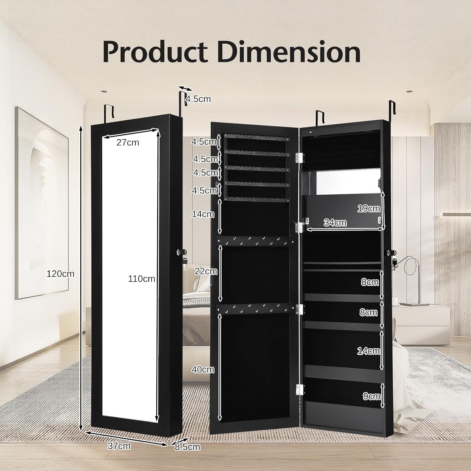Black LED Wall Mounted Jewelry Cabinet Mirror Lockable Slim Organizer
