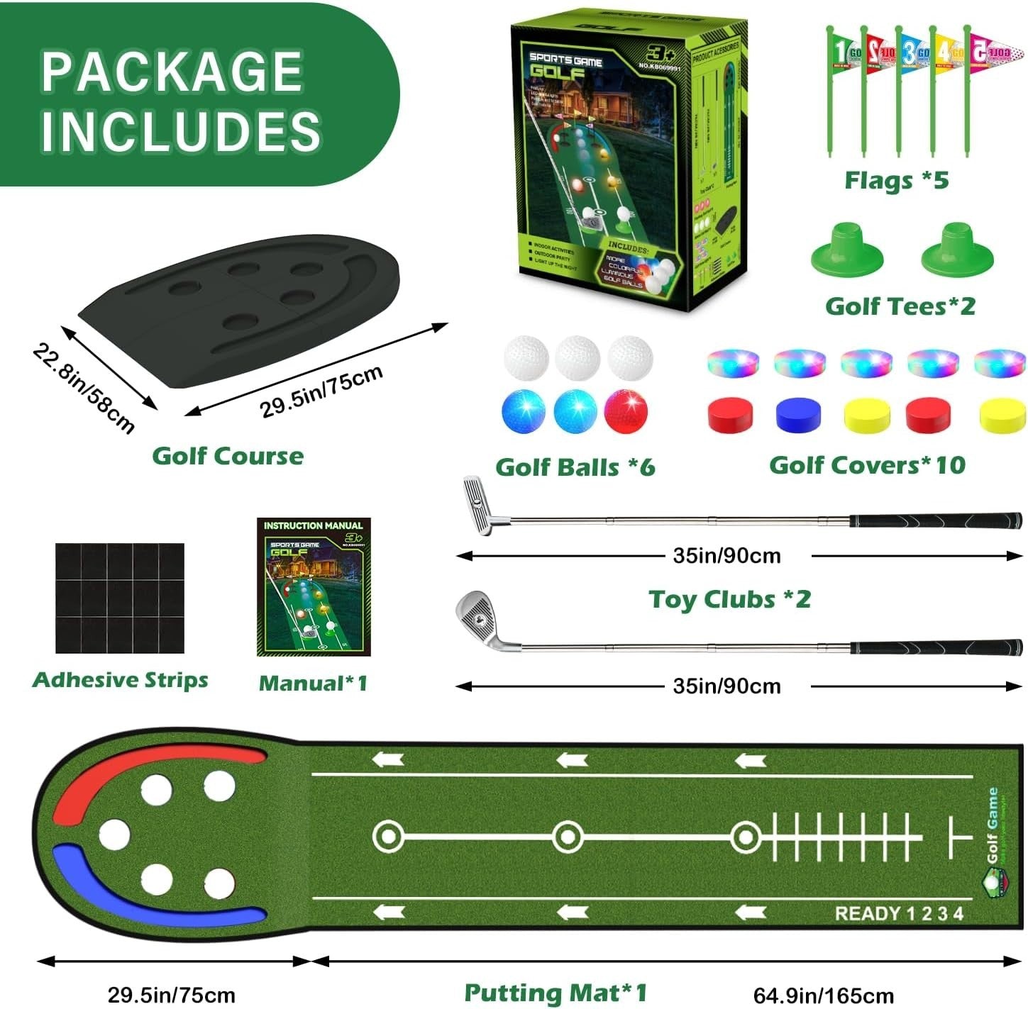 Indoor Golf Putting Mat Game Set LED Balls Glow Cups Kids Adults