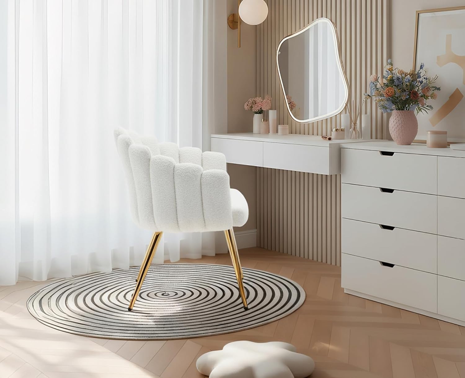 White Faux Fur Accent Armchair – Modern Lounge Chair with Gold Metal Legs
