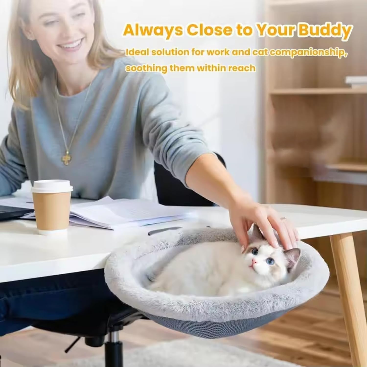 180° Rotating Cat Desk Bed Faux Fur Clamp On Cat Hammock White