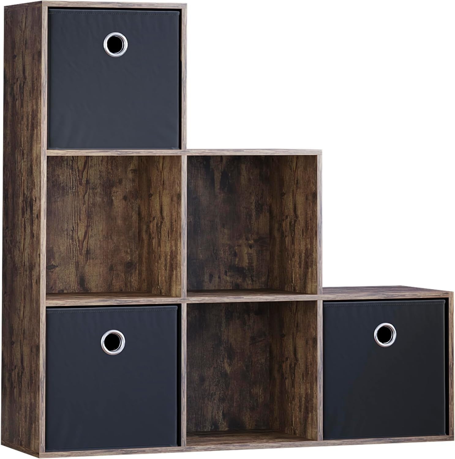 6 Cube Dark Wood Staircase Storage Shelf with 3 Black Baskets – Sturdy Organiser