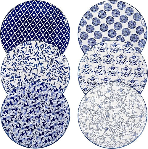 6pc 10.5 Inch Blue Porcelain Dinner Plates Set Large Microwave Safe