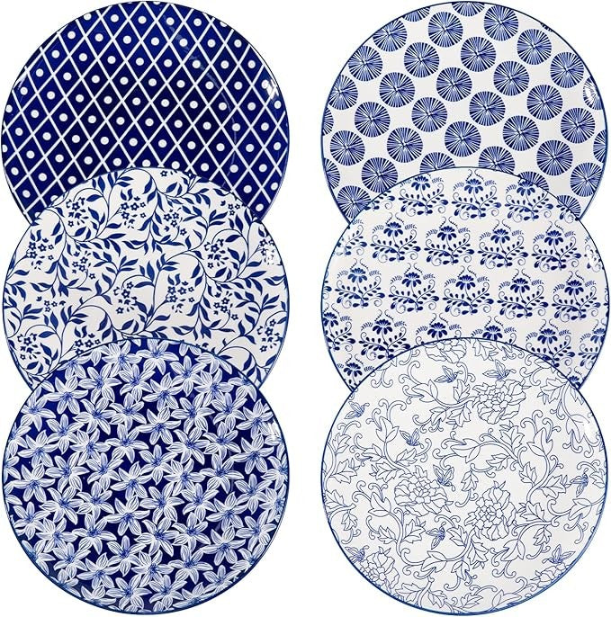 6pc 10.5 Inch Blue Porcelain Dinner Plates Set Large Microwave Safe