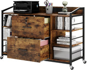 Rustic Mobile File Cabinet w/ Power Outlet Lockable Drawers Printer Desk