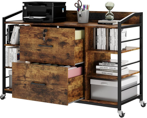 Rustic Mobile File Cabinet w/ Power Outlet Lockable Drawers Printer Desk