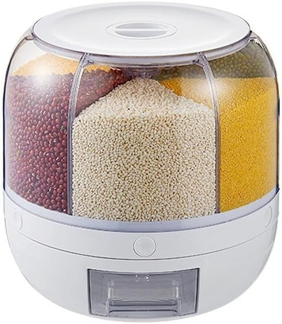 12L Rotating Rice Dispenser 6 Grid Transparent Grain Storage Box