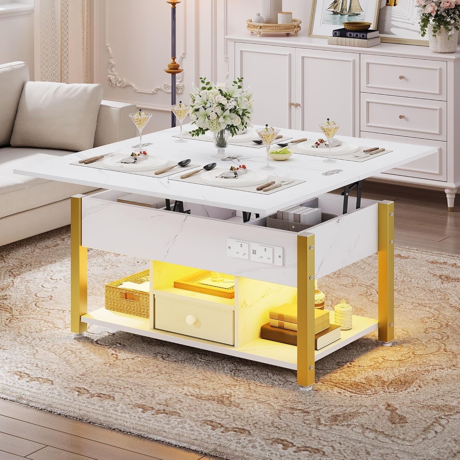 Folding Lift Top Coffee Table with Storage, USB & LED Lights, White Marble