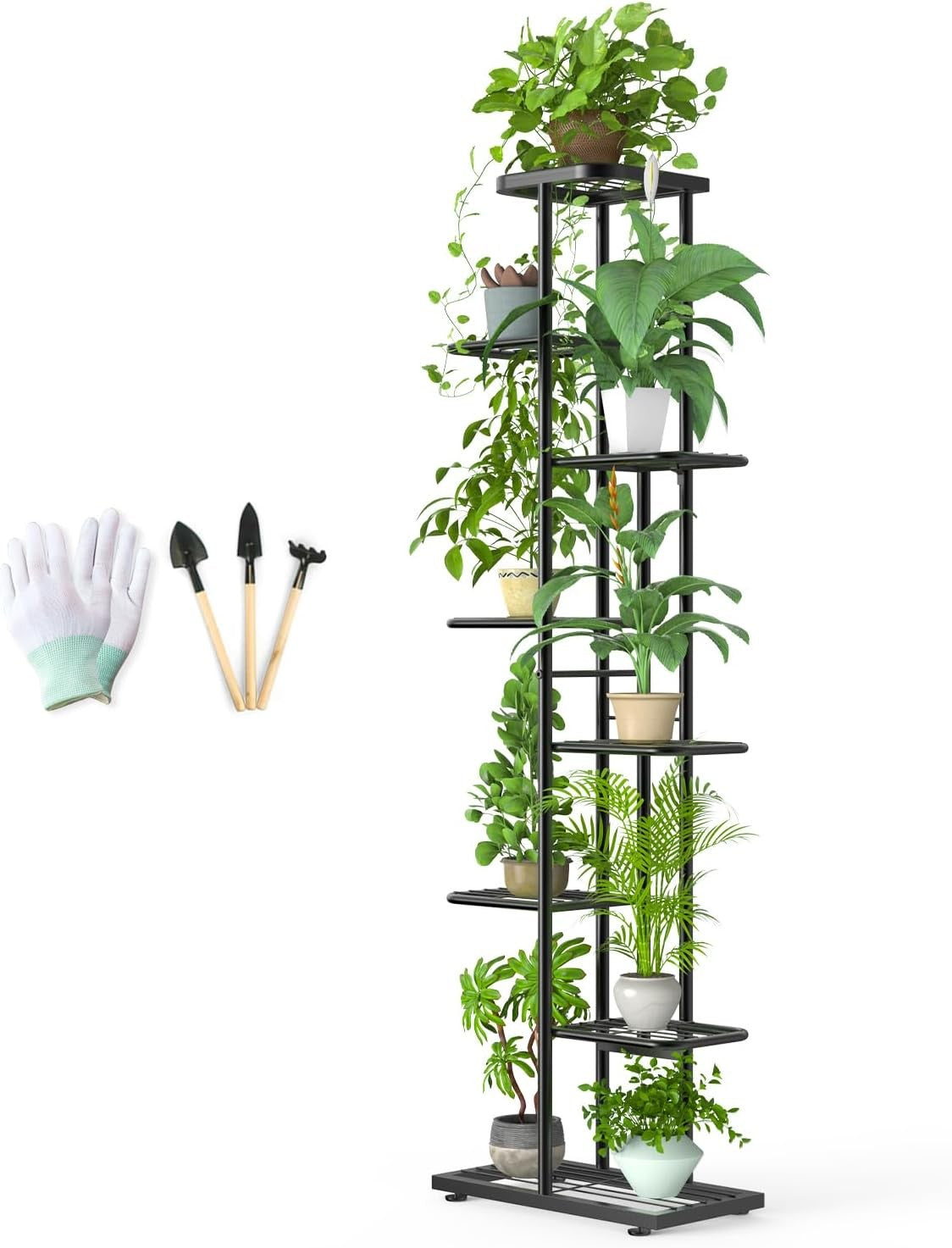 8 Tier Tall Black Metal Plant Stand Indoor Outdoor Flower Shelf with Tools Set