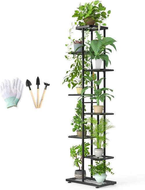 8 Tier Tall Black Metal Plant Stand Indoor Outdoor Flower Shelf with Tools Set