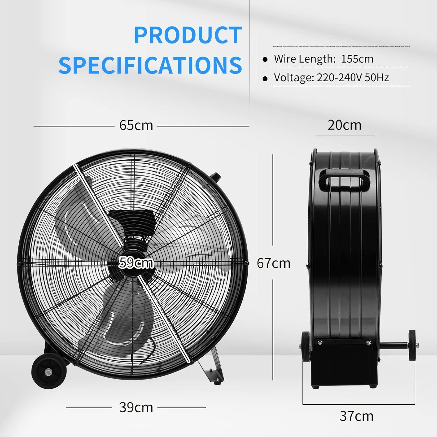 Large 24-Inch Industrial Drum Fan – 3 Speed Metal Floor Cooling Fan with Wheels