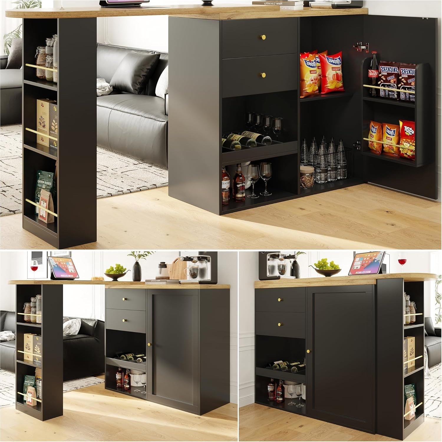 360° Swivel Bar Table with Drawers & Sliding Door Cabinet 3 Tier Storage Black