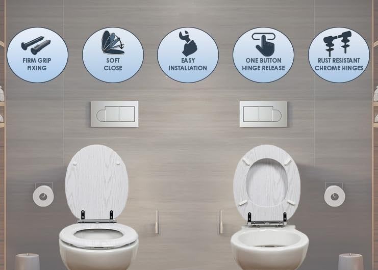 White Oak Effect Toilet Seat Soft Close MDF Quick Release Easy Clean 42x36cm