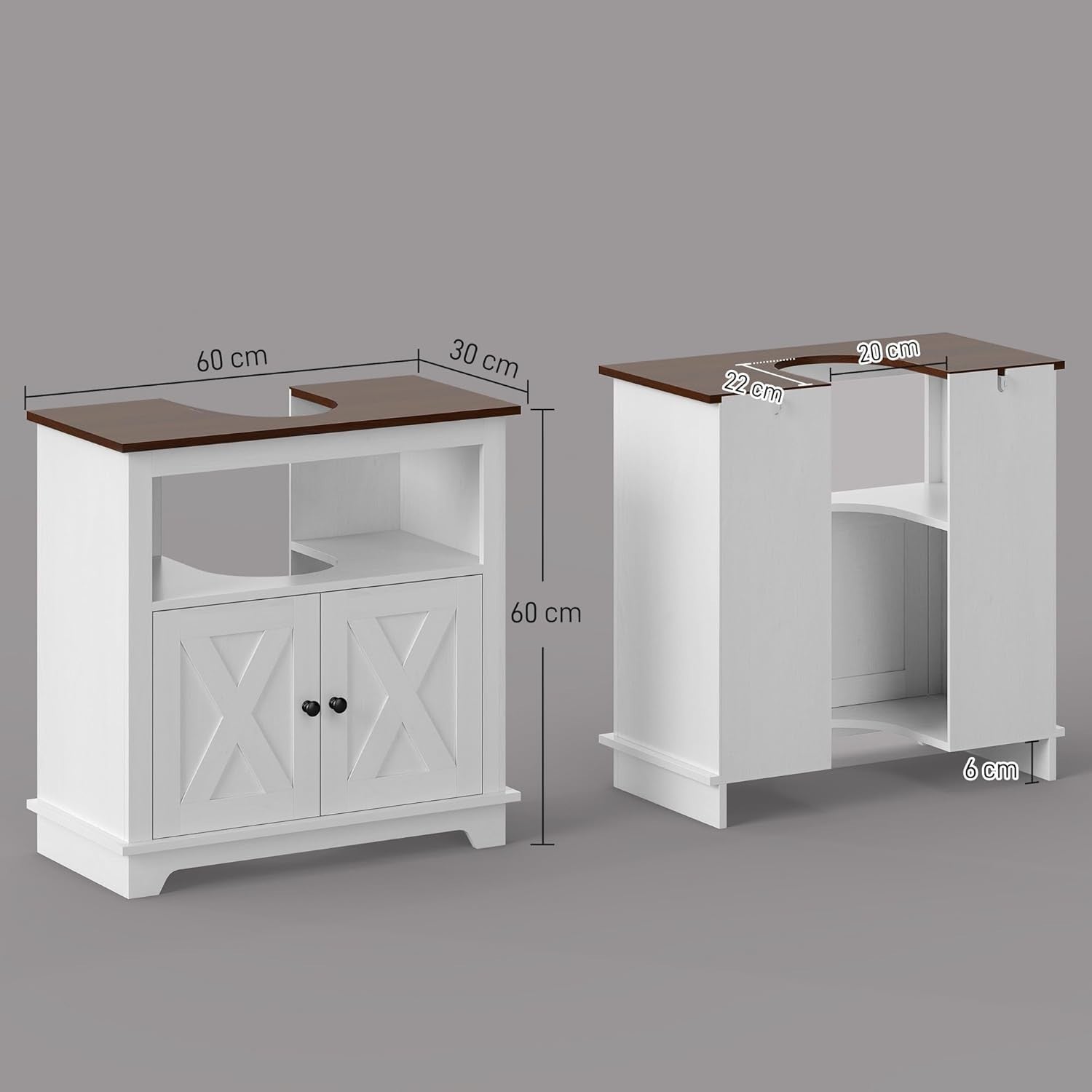 White Under Sink Bathroom Cabinet – 60cm Storage Unit with Doors & Shelf