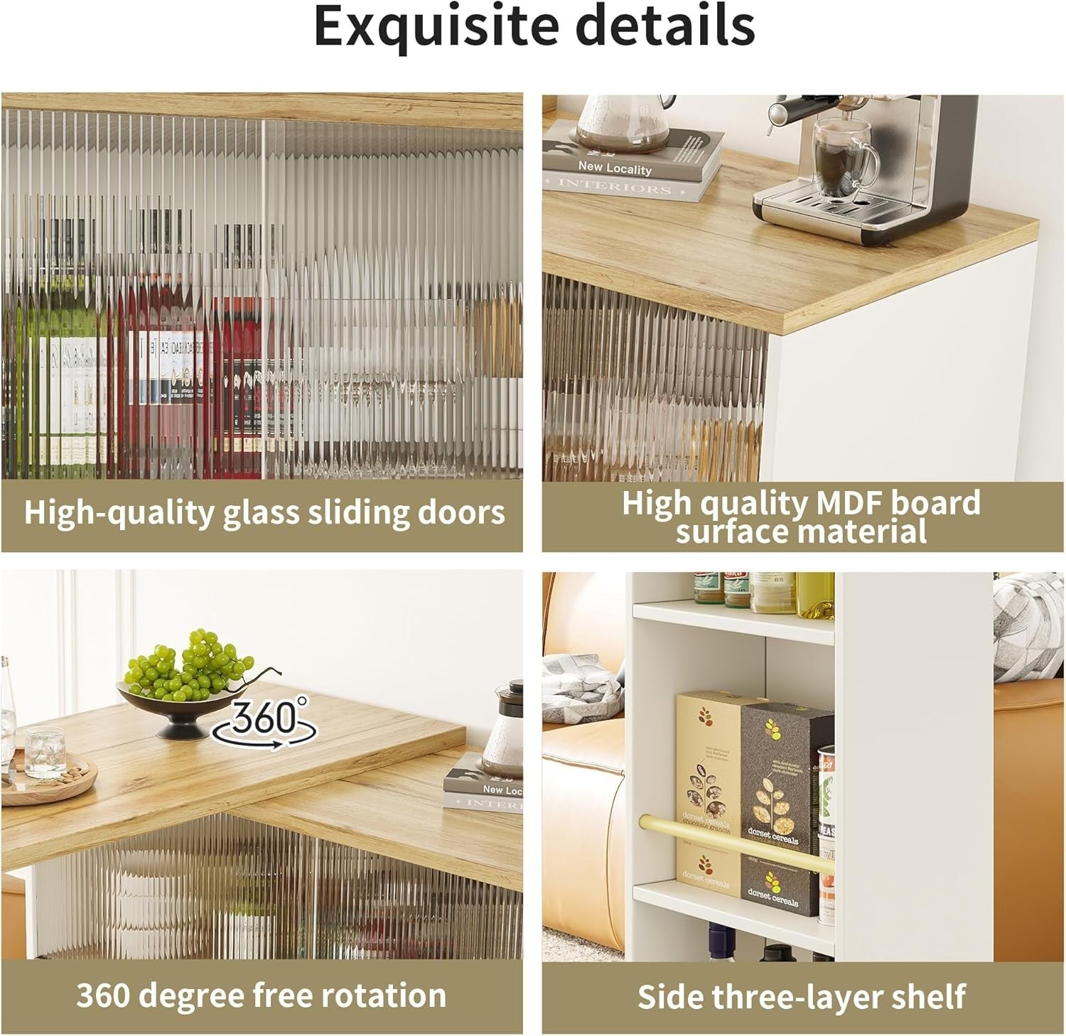 360° Rotating Kitchen Island with Sliding Glass Doors, Storage & Extendable.
