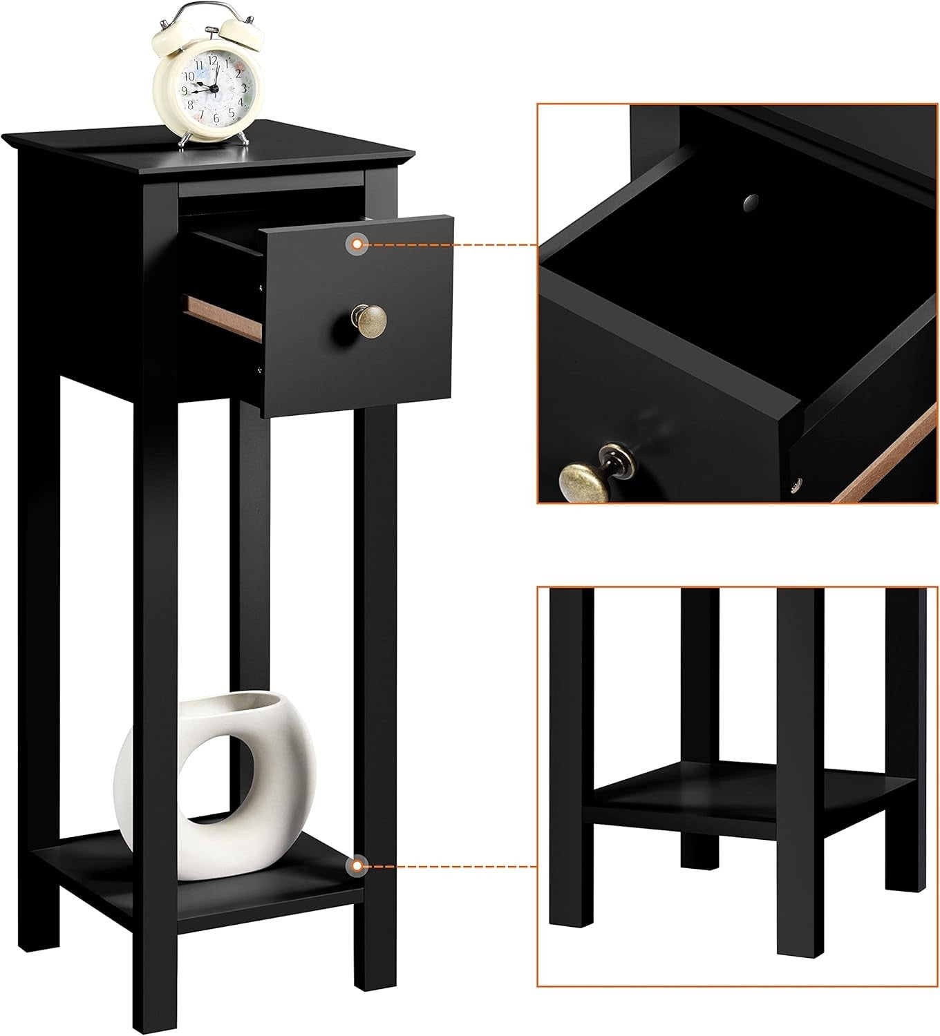 Set of 2 Black Slim Tall Bedside Tables with Drawer & Shelf – Narrow 25x25x70cm