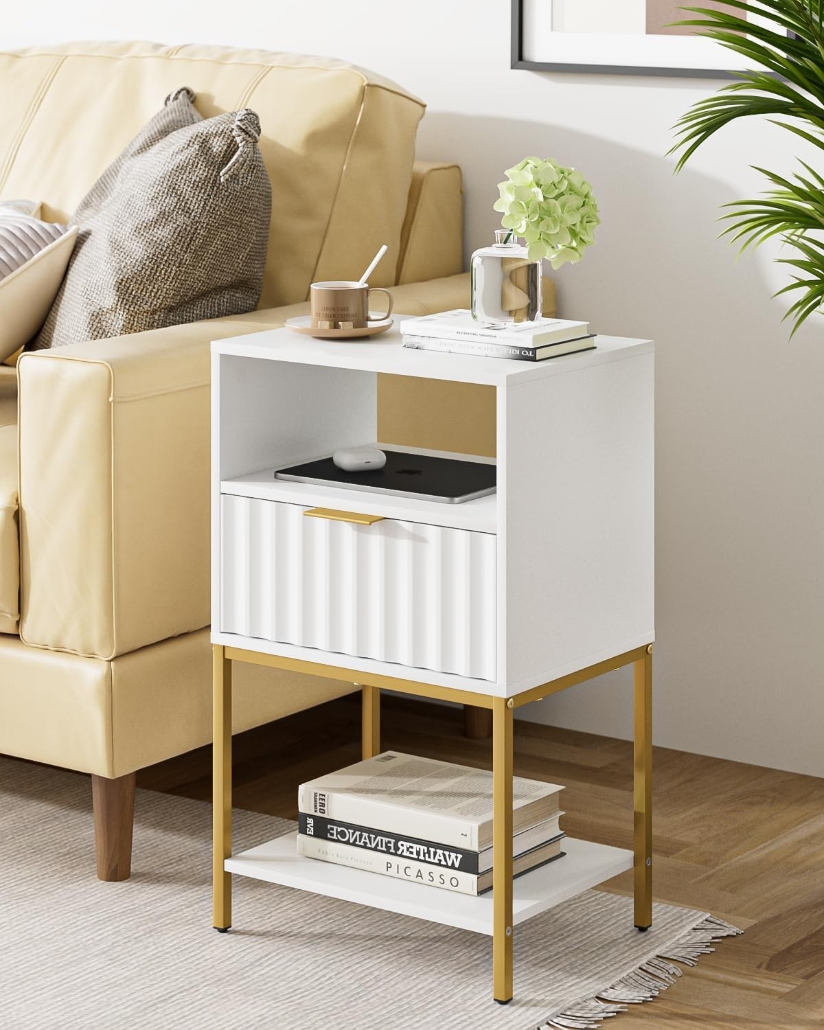 White Bedside Table with Gold Frame – Modern 3-Tier Storage Side Table