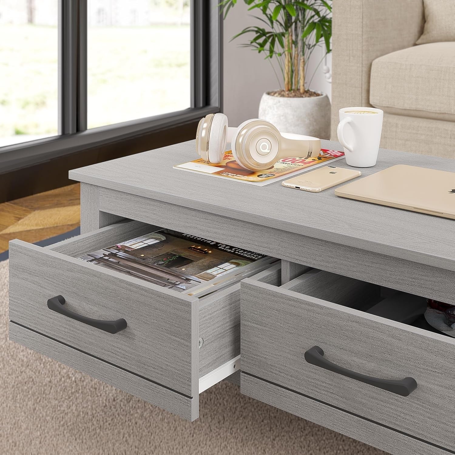 Dark Grey Coffee Table with 2 Drawers & Shelf 93x53x36cm Storage Unit