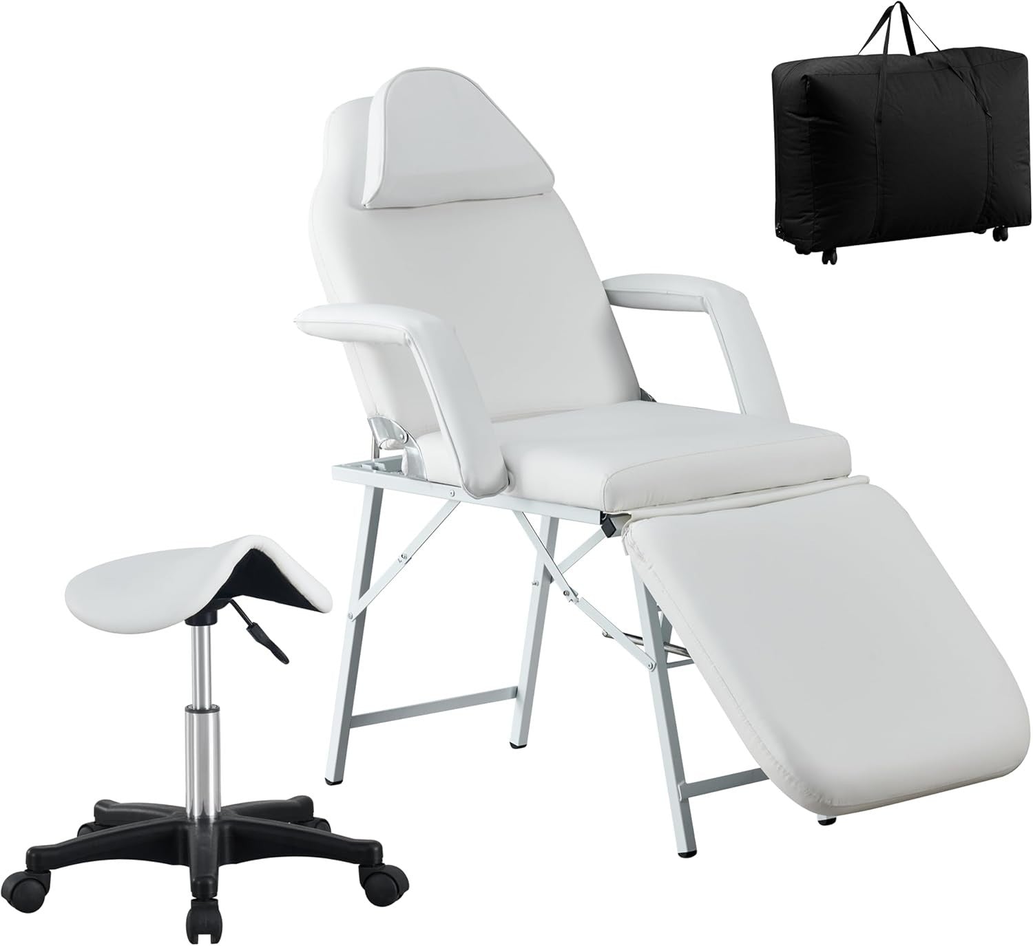 Portable 3-Section Folding Beauty Massage Bed w/ Head Cushion Swivel Stool White