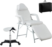 Portable 3-Section Folding Beauty Massage Bed w/ Head Cushion Swivel Stool White