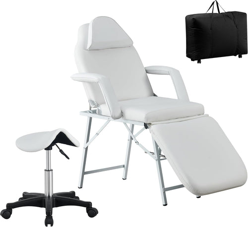 Portable 3-Section Folding Beauty Massage Bed w/ Head Cushion Swivel Stool White