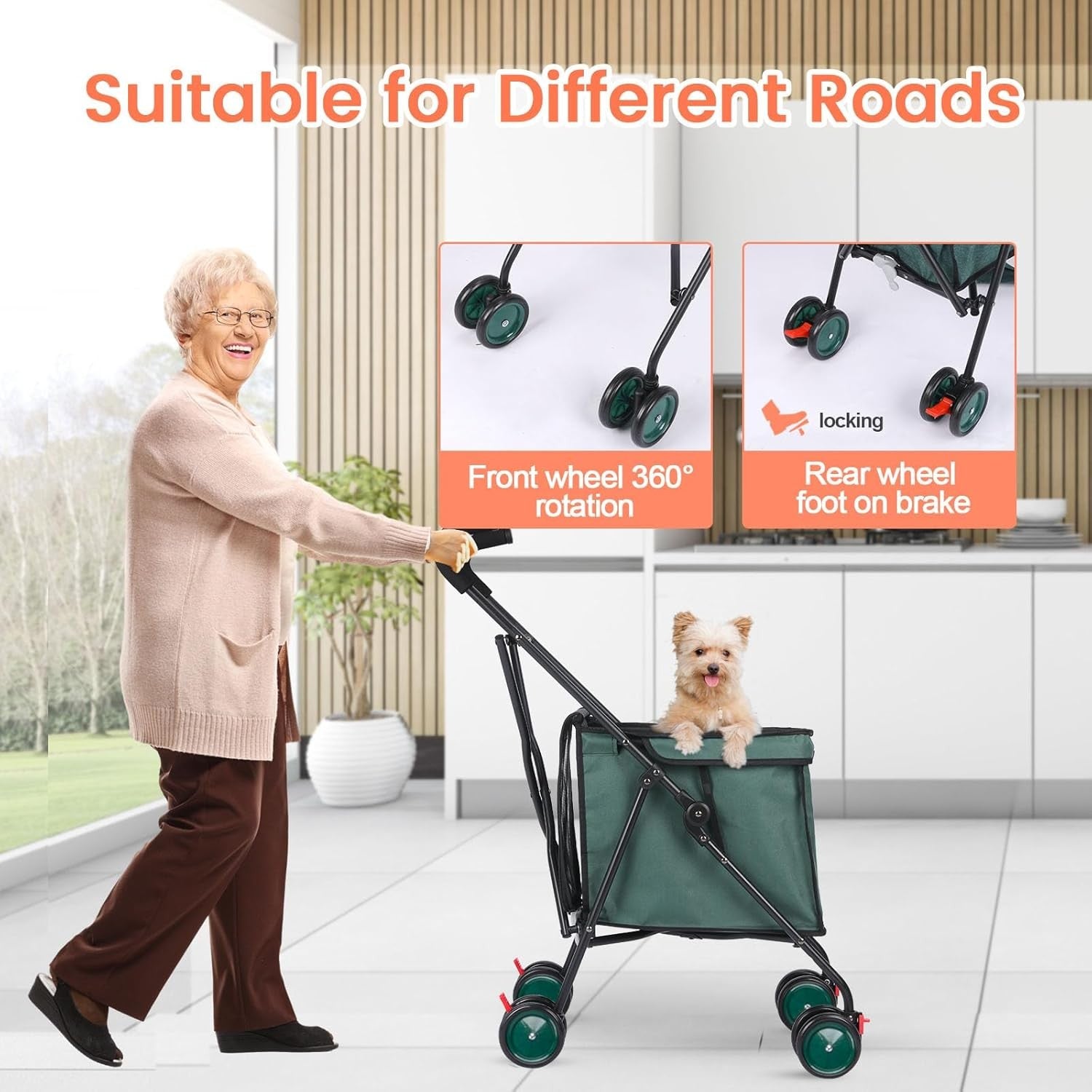 Dark Green Foldable Pet Shopping Cart Stroller 60lb Heavy Duty Utility Wagon