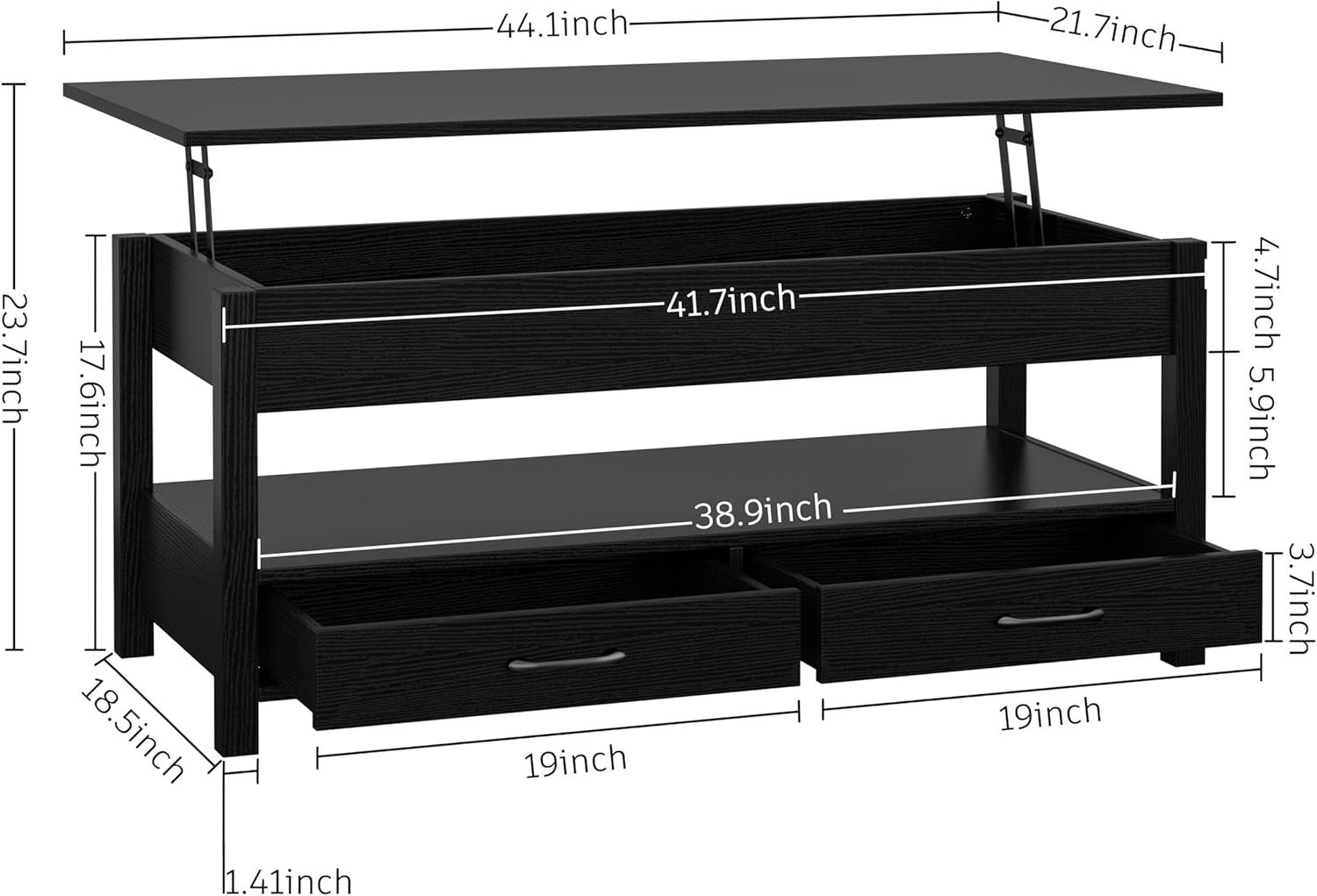 Lift-Up Coffee Table with Storage Drawers & Hidden Compartment Black Wood