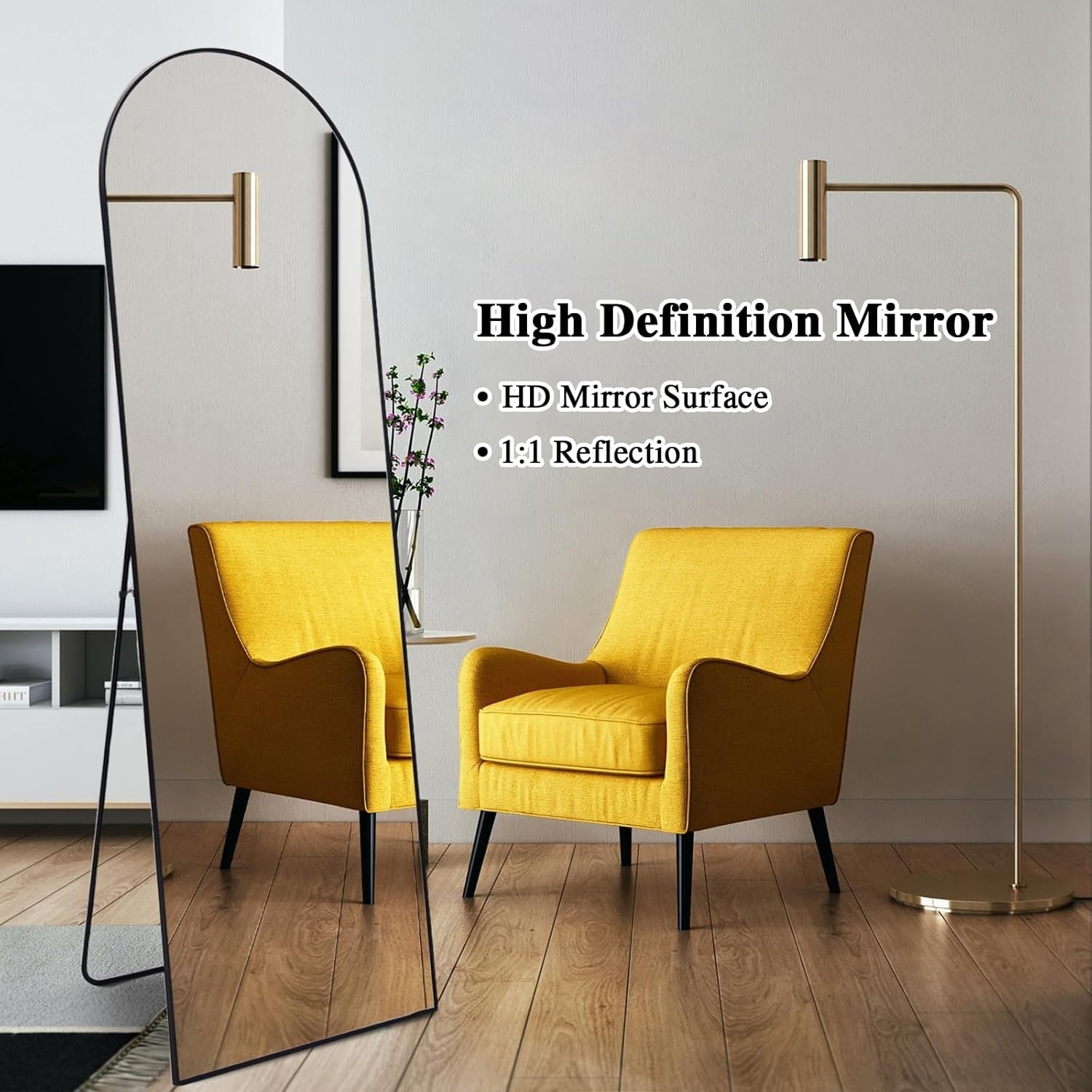 Full-Length Arch Floor Mirror 147x44cm Black Frame, Stand & Wall Mount