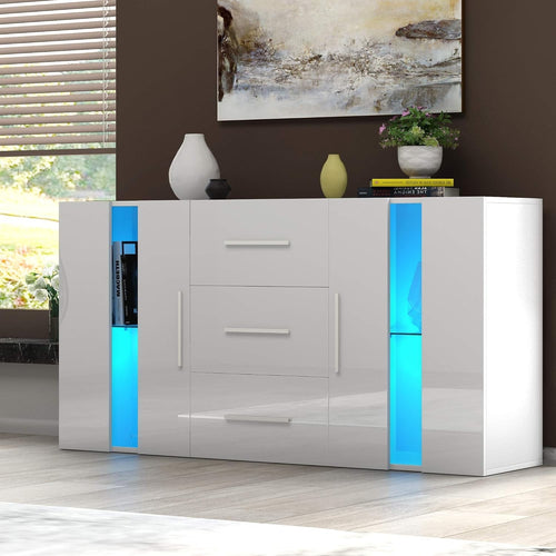 White Modern RGB LED Sideboard Cabinet 2 Doors 3 Drawers Storage Unit