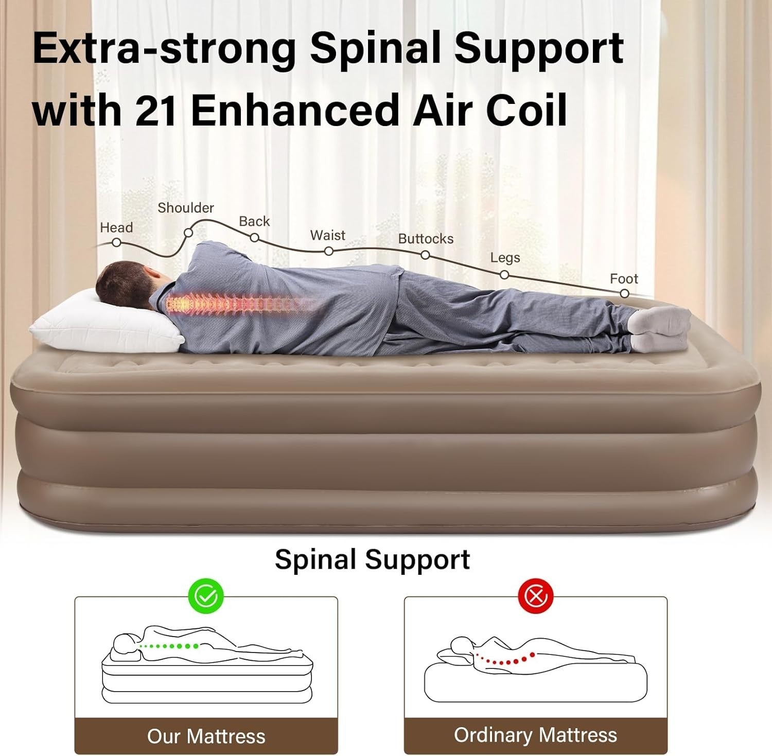 Double Inflatable Air Mattress with Built-in Pump, Pillows & Flocked Top