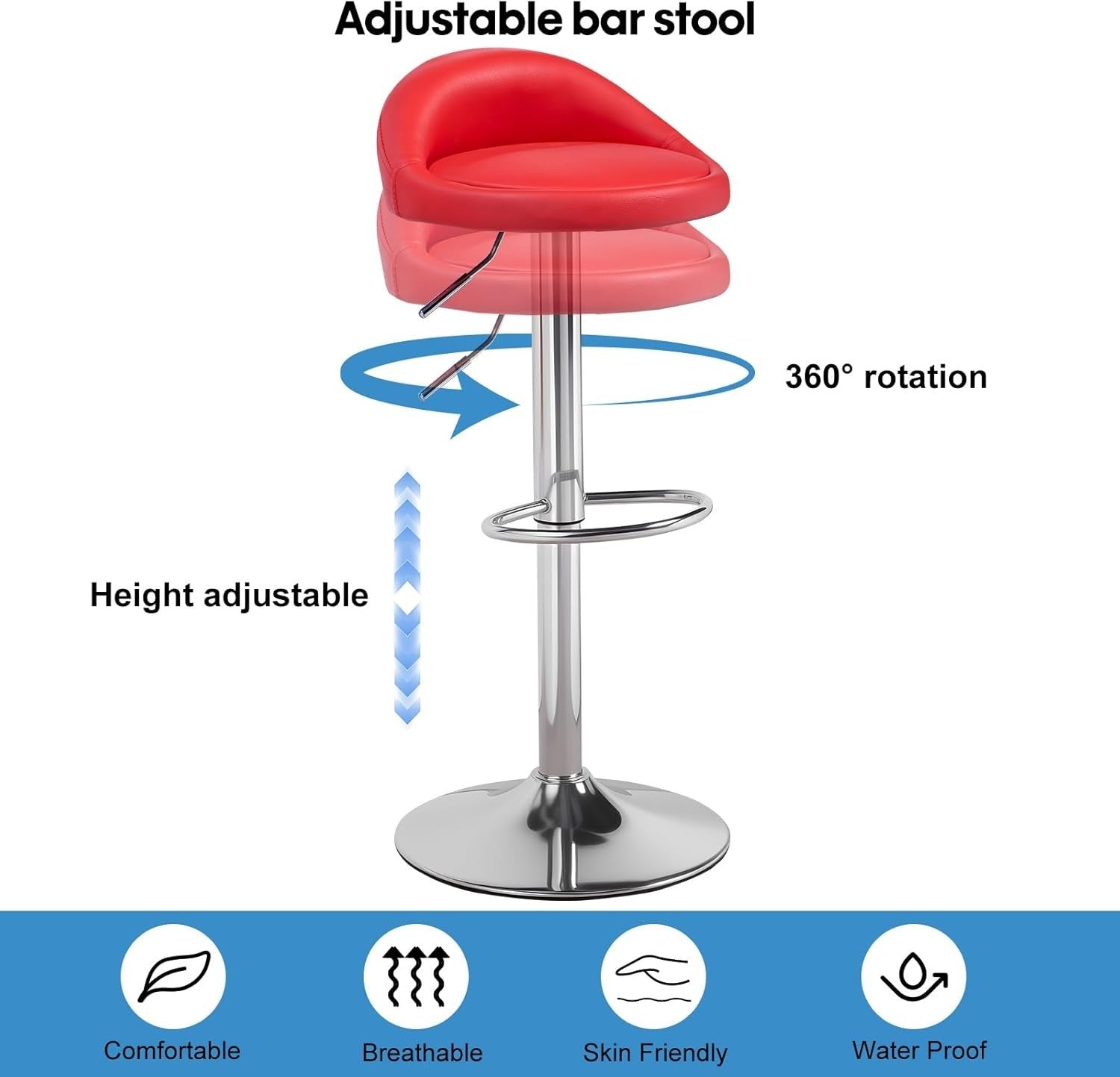 Red Faux Leather Bar Stool Set of 2 Round Armless Adjustable Swivel Chairs