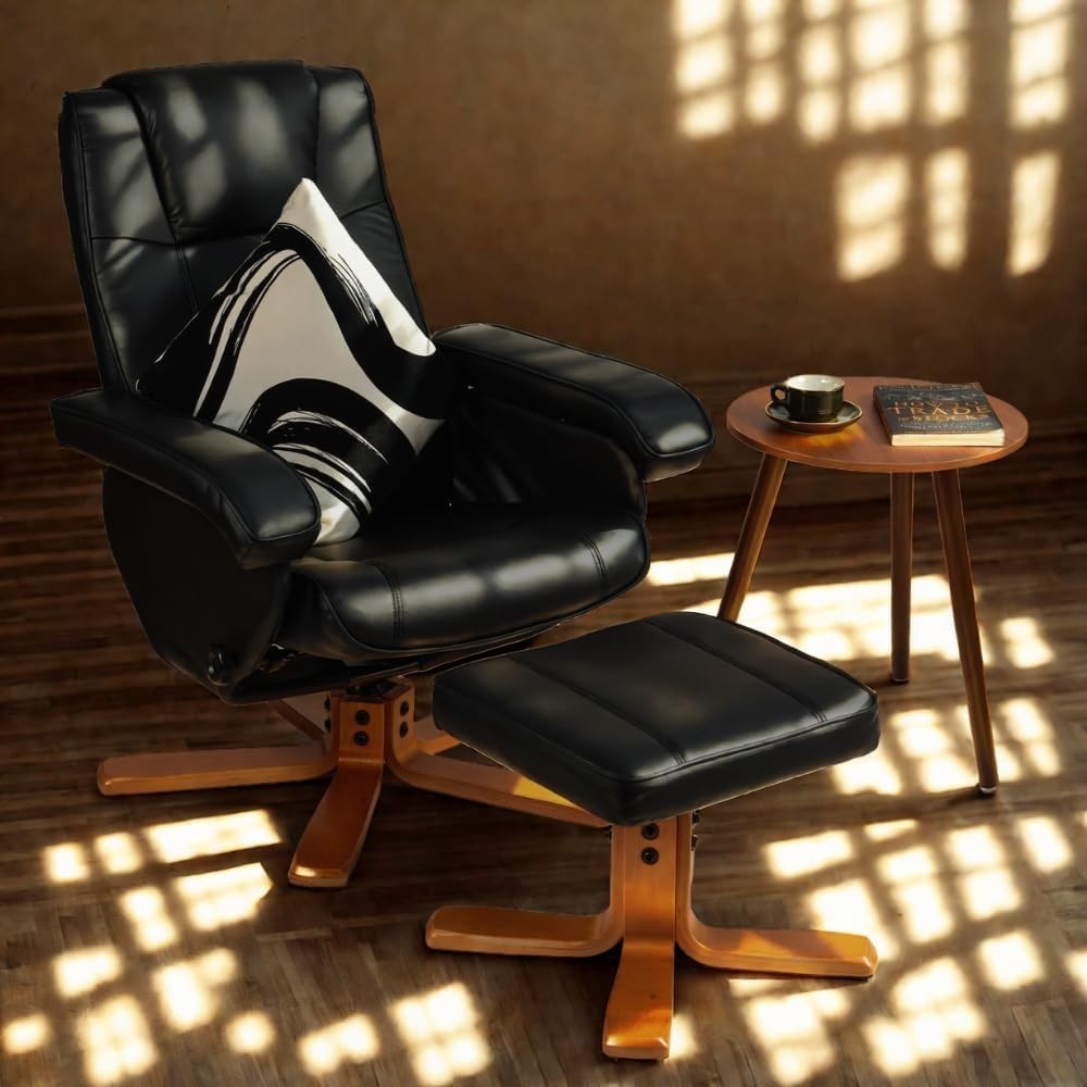 Recliner Armchair w/ Footstool Faux Leather Swivel Lounge Chair Black