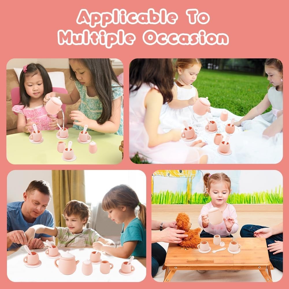 Kids Silicone Tea Set 15PCS Pretend Play Tea Party Toy BPA Free Toddler